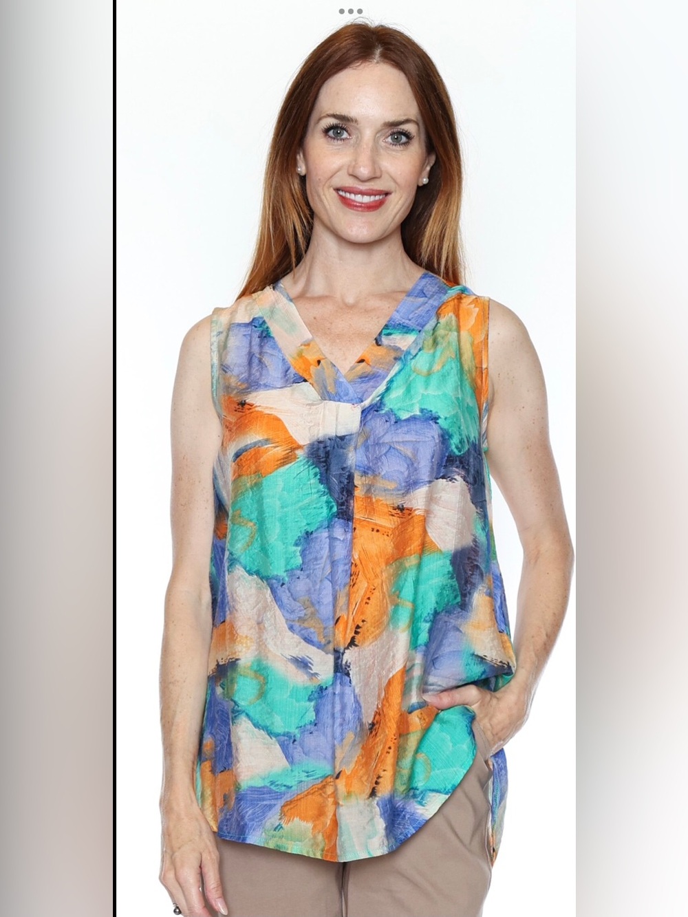 Papa Vancouver Sleeveless V-Neck Hi-Low Printed Top - Blue & Green